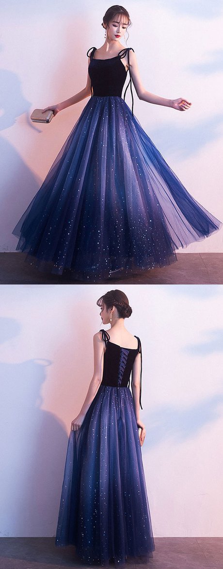 Blue Tulle With Velvet Straps Long Party Dresses, Gorgeous Formal Gown