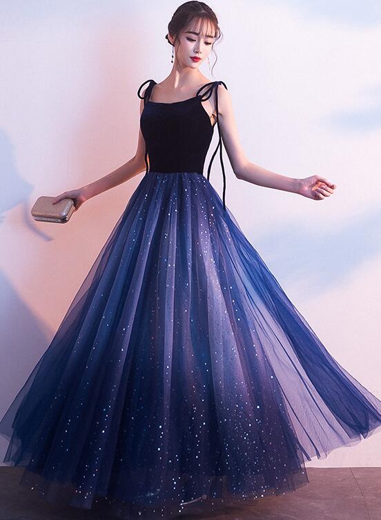 Blue Tulle With Velvet Straps Long Party Dresses, Gorgeous Formal Gown Main image