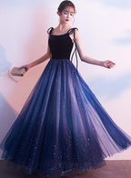 Blue Tulle With Velvet Straps Long Party Dresses, Gorgeous Formal Gown