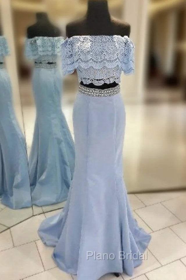 Blue Two-Piece Off-the-Shoulder Lace Mermaid Long Formal Prom Dresses Main image