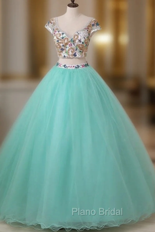 Blue Two Piece Tulle Backless Cap Sleeve Quinceanera Dresses Main image