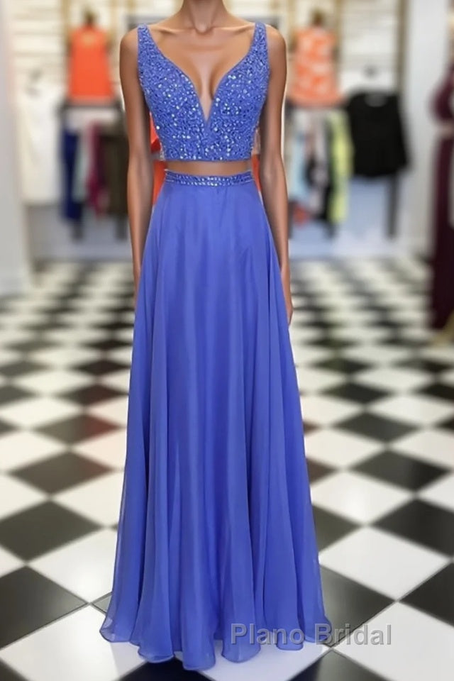 Blue two pieces beads long Formal Prom dress, blue evening dress Main image