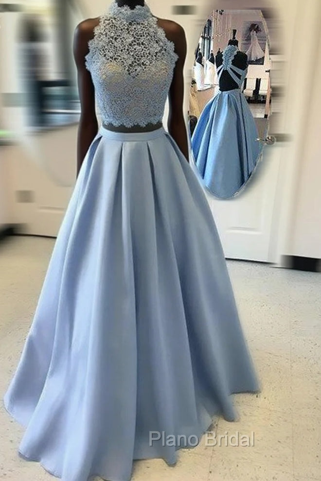 Blue Two Pieces Lace Long Formal Prom Dresses, Blue Lace Evening Dresses Main image