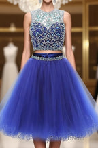 Blue two pieces tulle sequin beads short Formal Prom dress, blue homecoming