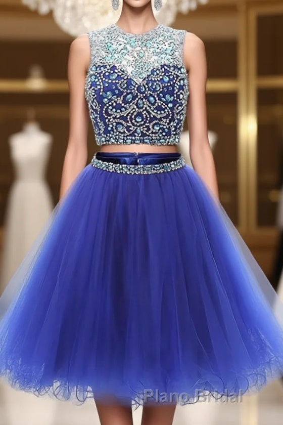 Blue two pieces tulle sequin beads short Formal Prom dress, blue homecoming