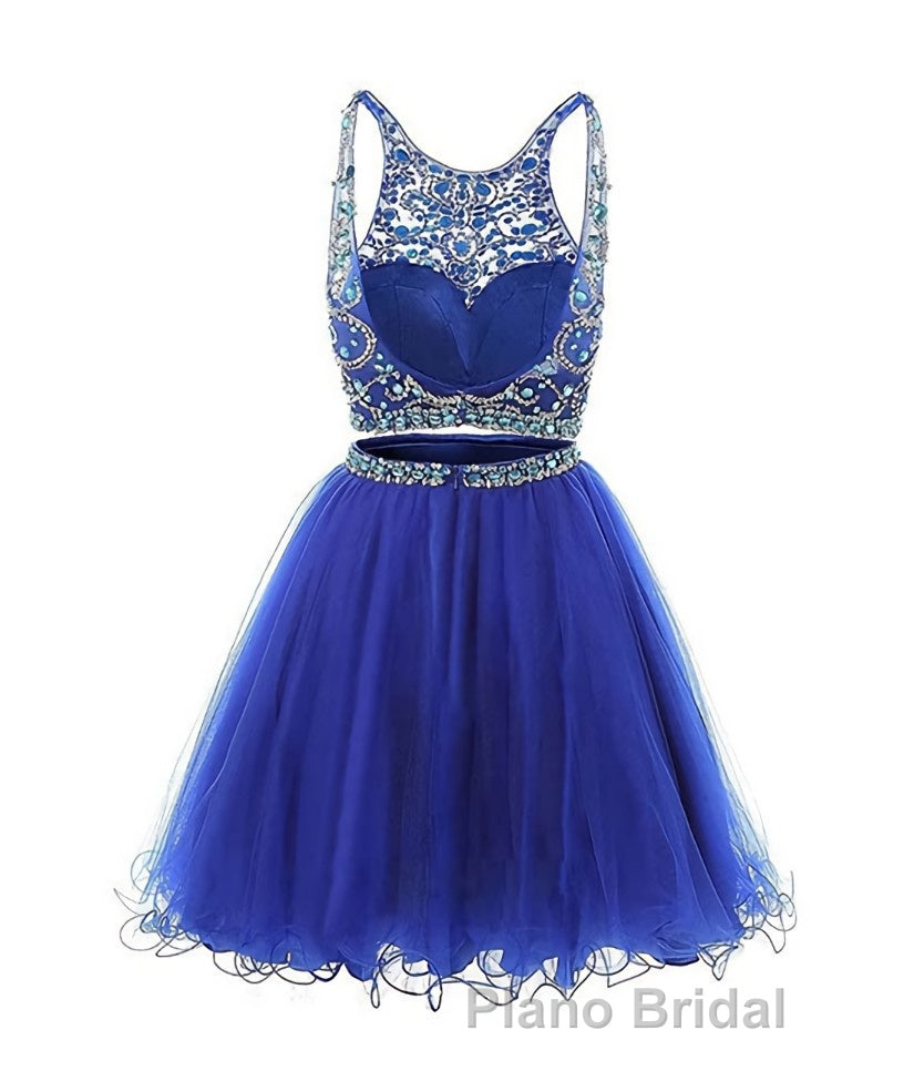 Blue two pieces tulle sequin beads short Formal Prom dress, blue homecoming Secondary image