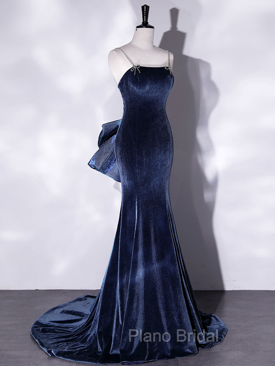 Blue Unique Mermaid Velvet Long Formal Prom Dresses, Velvet Formal Evening Dresses