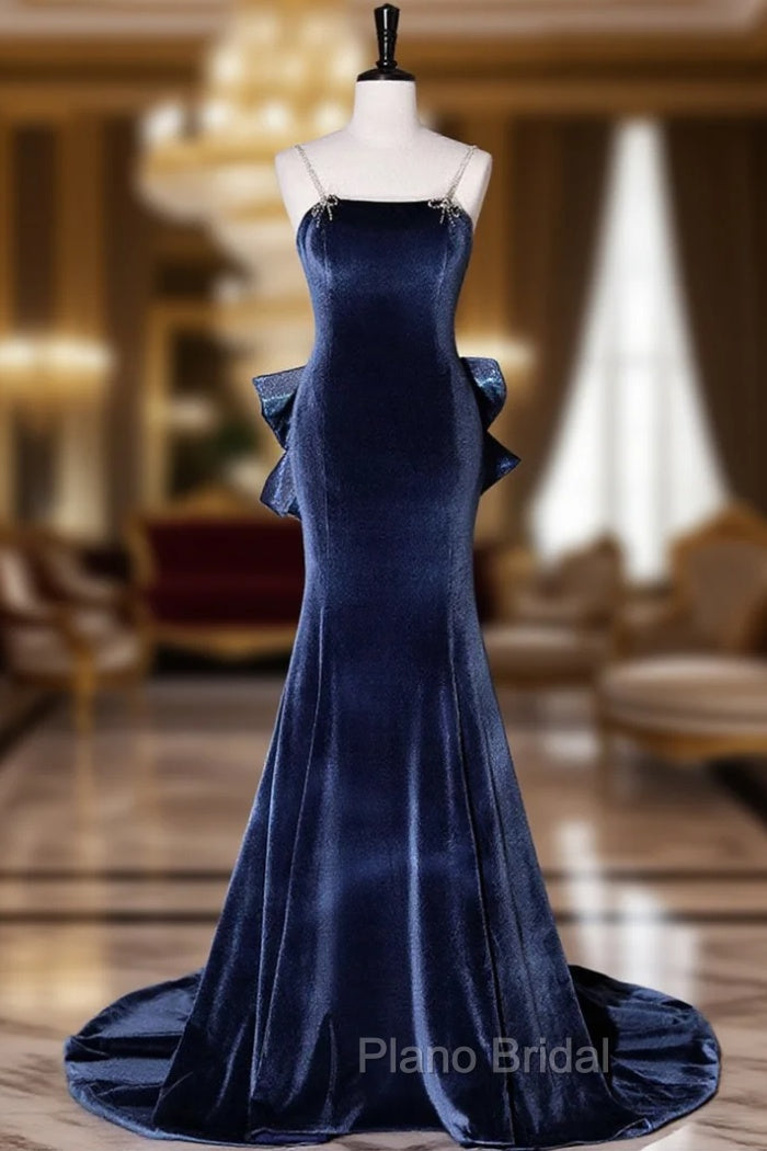Blue Unique Mermaid Velvet Long Formal Prom Dresses, Velvet Formal Evening Dresses Main image