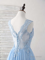 Blue V Neck Applique Chiffon Long Prom Dress Lace Bridesmaid Dress