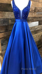 Blue v neck beads satin long Formal Prom dress, blue evening dress