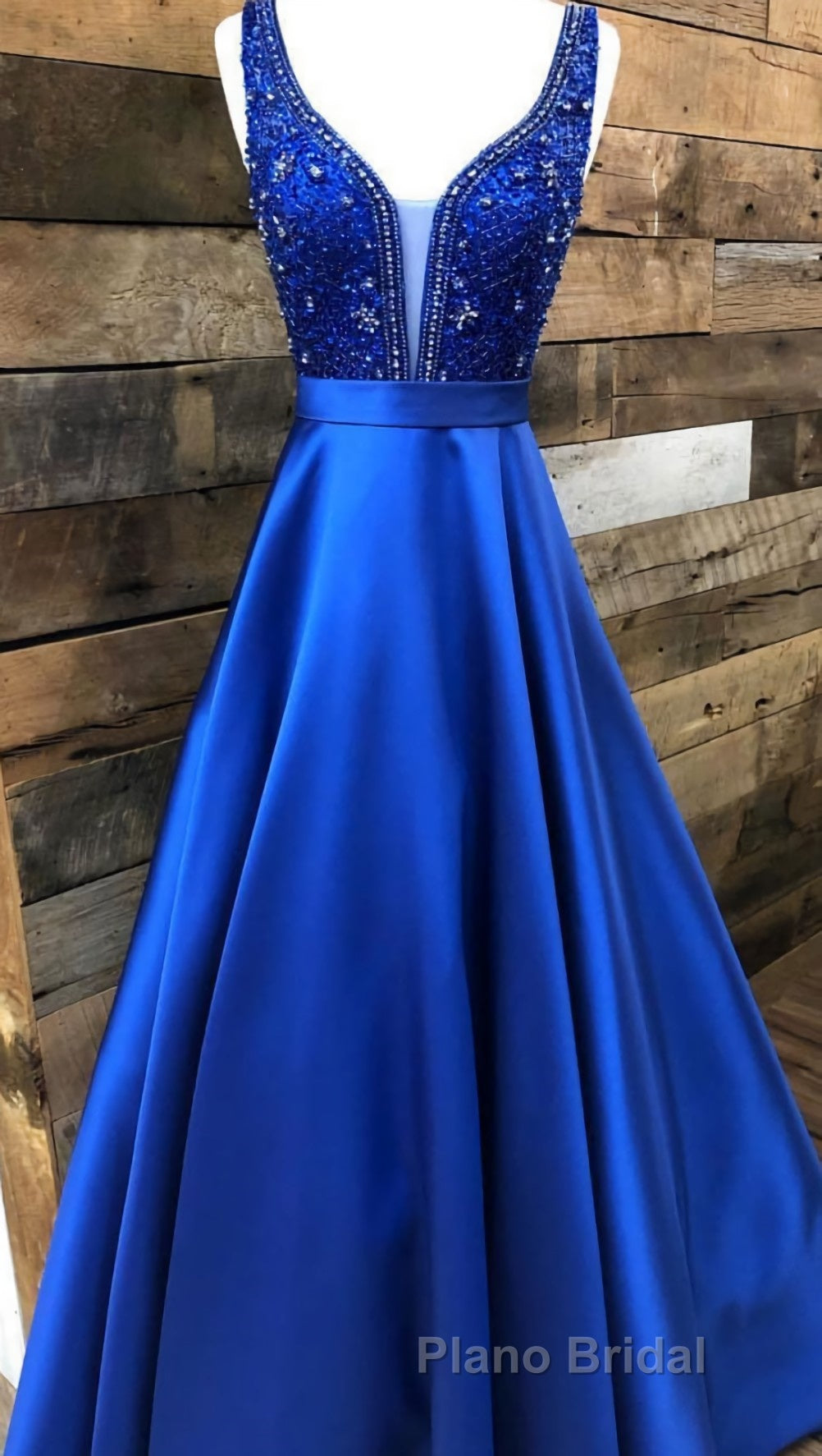 Blue v neck beads satin long Formal Prom dress, blue evening dress