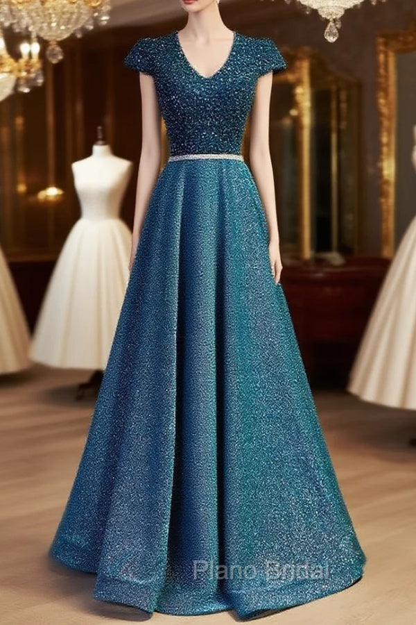 Blue V-neck Cap Sleeve Backless Sequins Beading Formal Prom Dresses Main image
