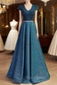 Blue V-neck Cap Sleeve Backless Sequins Beading Formal Prom Dresses