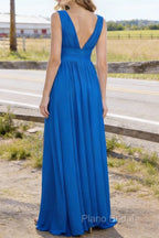 Blue V Neck Chiffon Floor Length Bridesmaid Dresses Long Bridesmaid Dress With Pleated Split