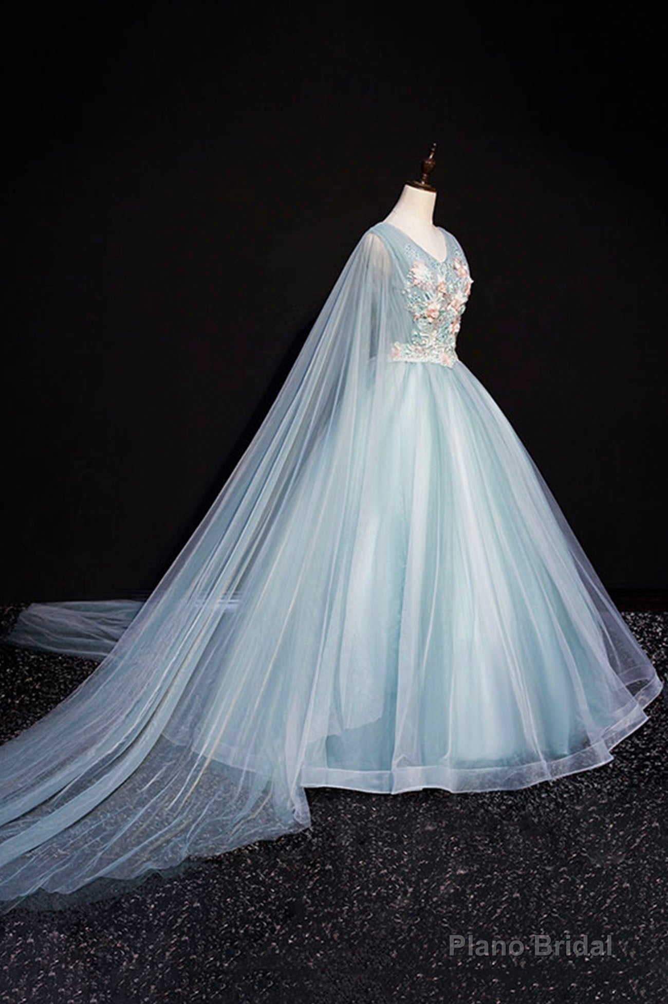 Blue V-Neck Lace Long Prom Dress, Blue A-Line Formal Evening Dress Secondary image