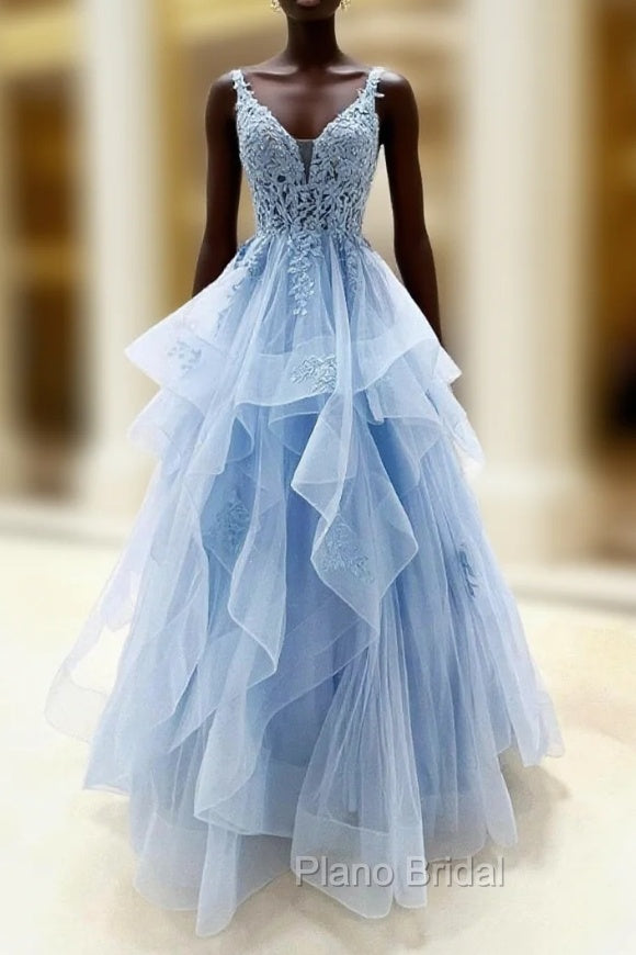 Blue V-Neck Lace Long Formal Prom Dresses, Blue Tulle Layers Formal Evening Dresses Main image
