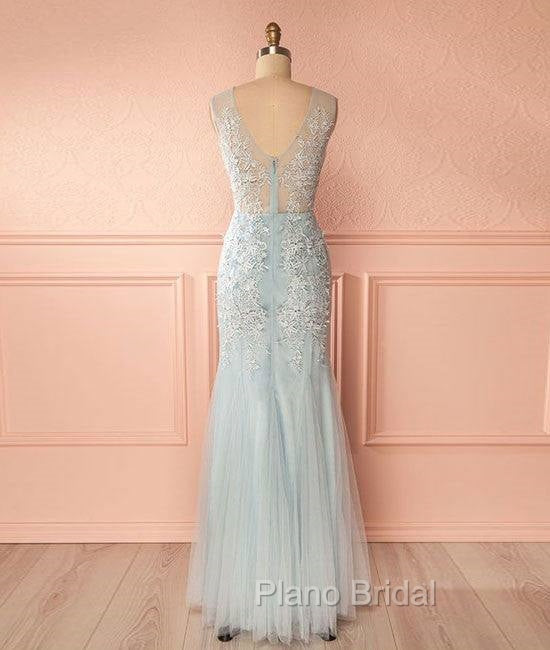 Blue V Neck Lace Tulle Long Formal Prom Dresses, Blue Lace Evening Dresses For Teens Secondary image