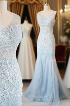Blue V Neck Lace Tulle Long Formal Prom Dresses, Blue Lace Evening Dresses For Teens