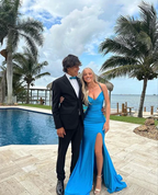 Blue V Neck Mermaid Long Formal Prom Dresses With Split