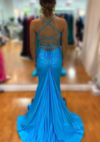 Blue V Neck Mermaid Long Formal Prom Dresses With Split