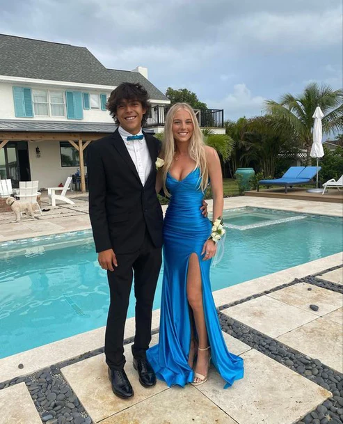 Blue V Neck Mermaid Long Formal Prom Dresses With Split Main image