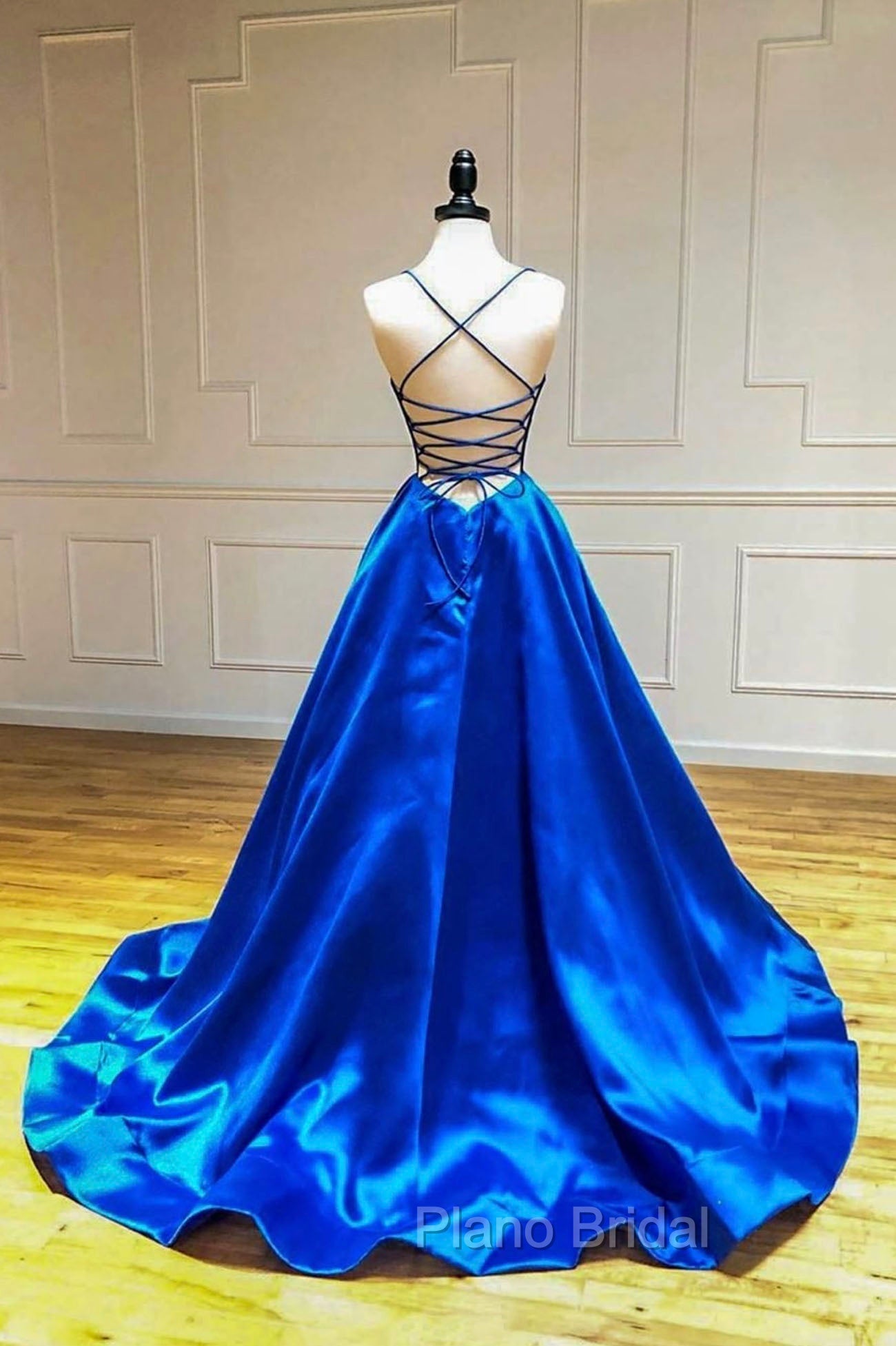 Blue V-Neck Satin Long Evening Dresses, A-Line Backless Formal Prom Dresses