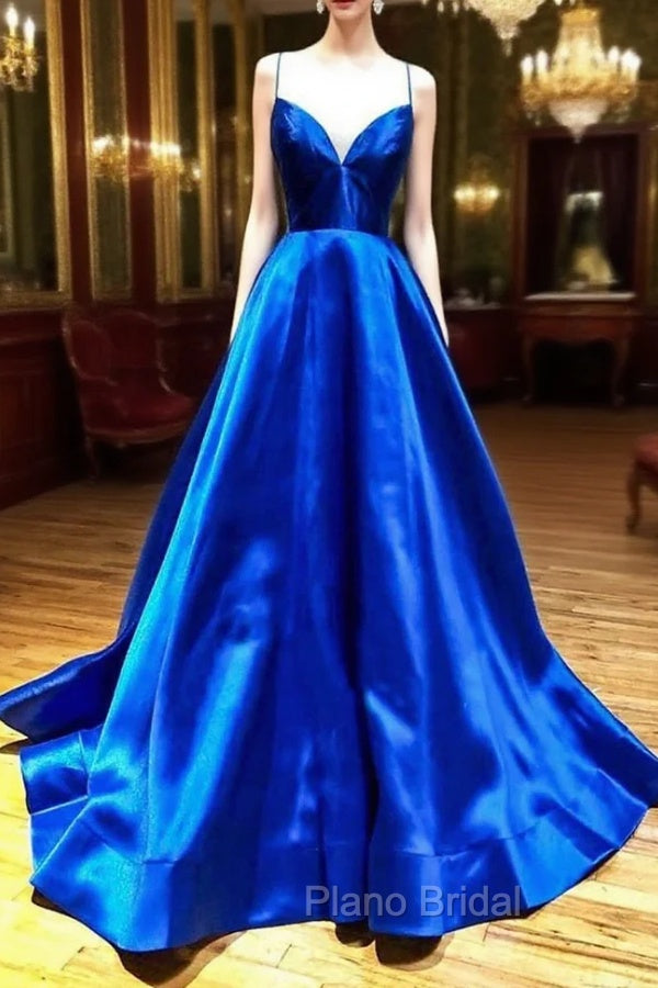 Blue V-Neck Satin Long Evening Dresses, A-Line Backless Formal Prom Dresses