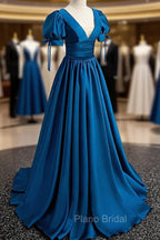 Blue V-Neck Satin Long Formal Prom Dresses, A-Line Short Sleeve Evening Dresses