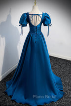 Blue V-Neck Satin Long Formal Prom Dresses, A-Line Short Sleeve Evening Dresses
