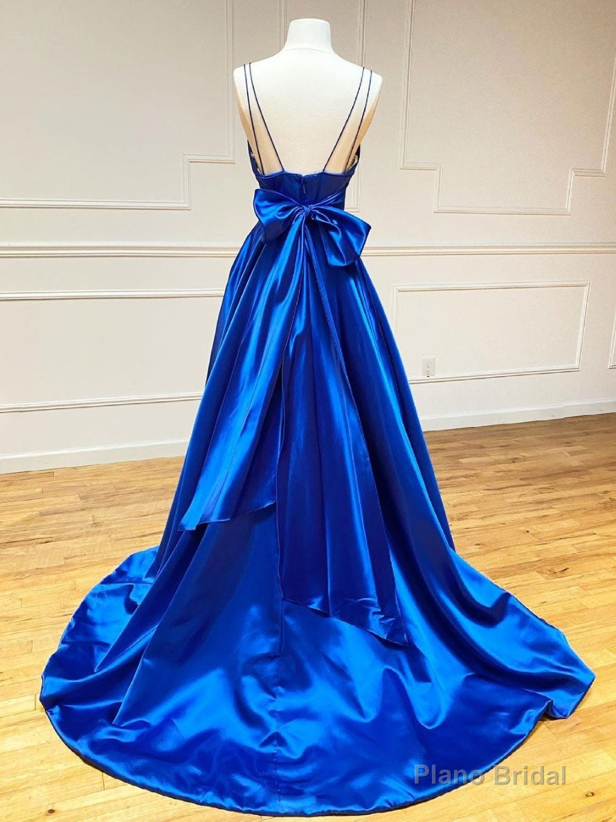 Blue v neck satin long prom dress,  blue evening dress Secondary image