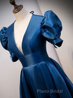 Blue v neck satin long Formal Prom dress blue satin evening dress