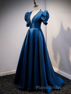 Blue v neck satin long Formal Prom dress blue satin evening dress