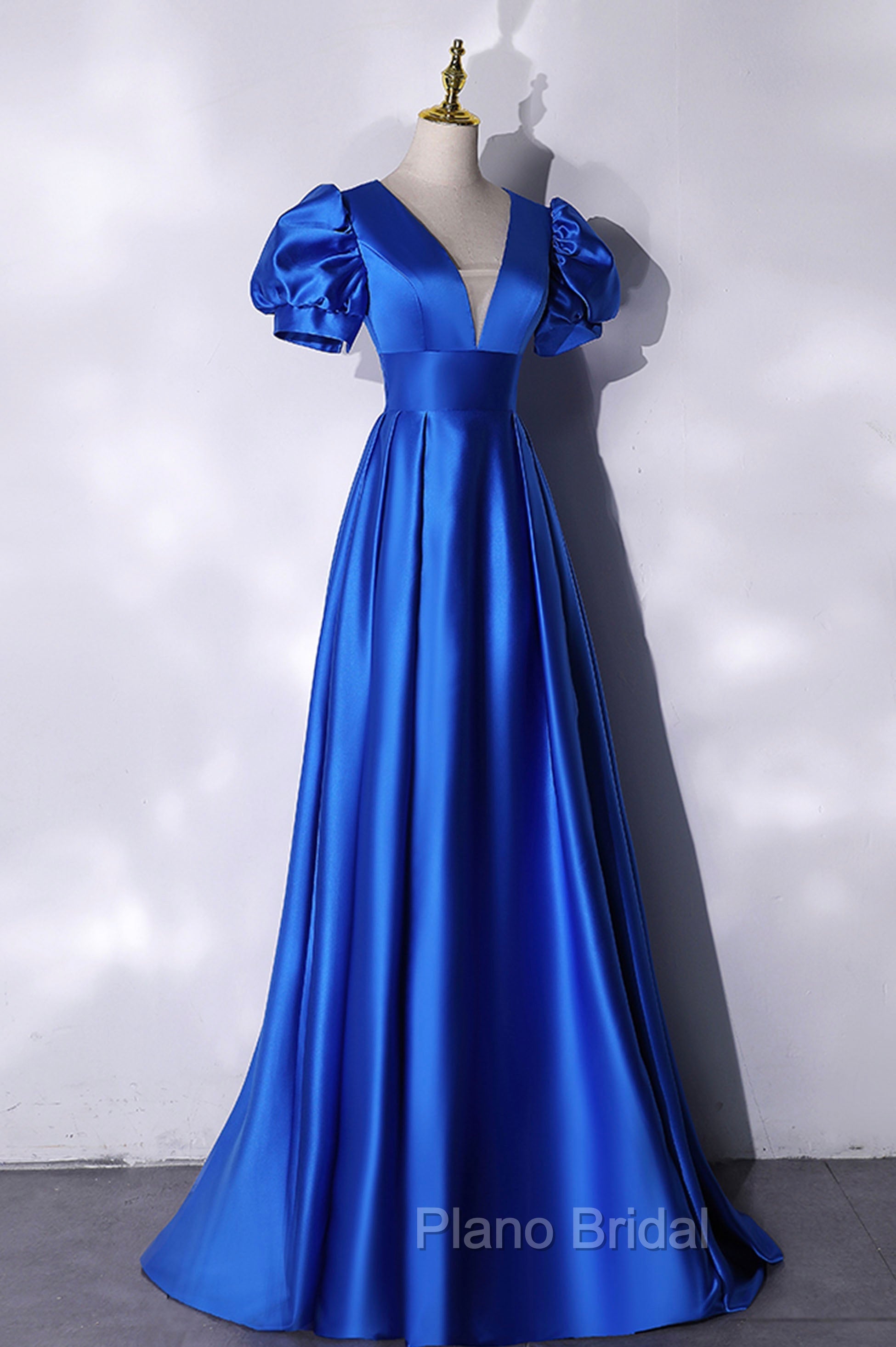Blue V-Neck Satin Long Formal Prom Dresses, Simple Blue Evening Party Dresses