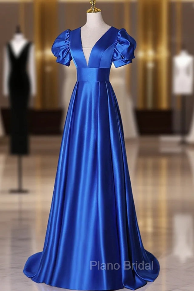 Blue V-Neck Satin Long Formal Prom Dresses, Simple Blue Evening Party Dresses