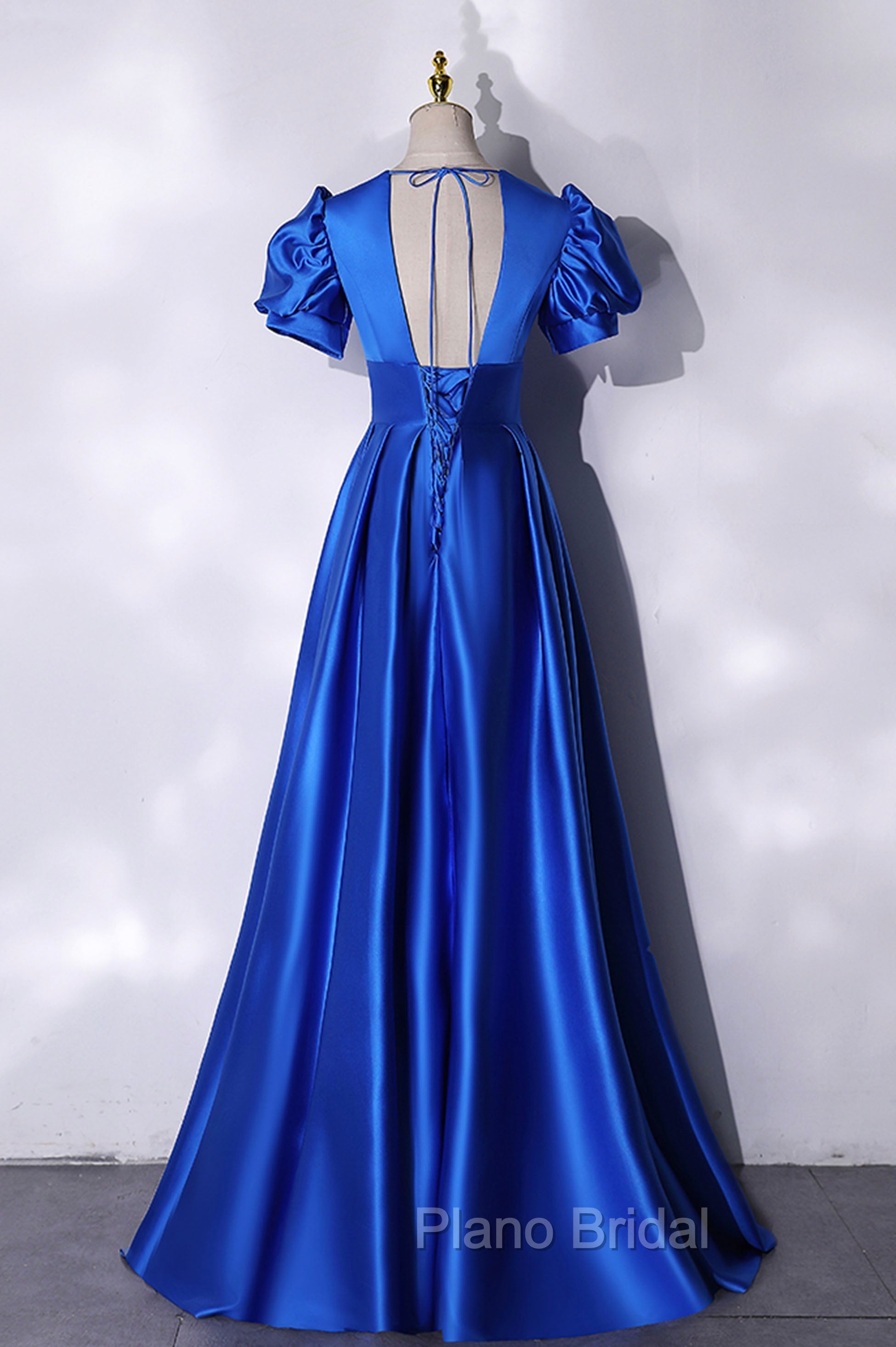 Blue V-Neck Satin Long Formal Prom Dresses, Simple Blue Evening Party Dresses