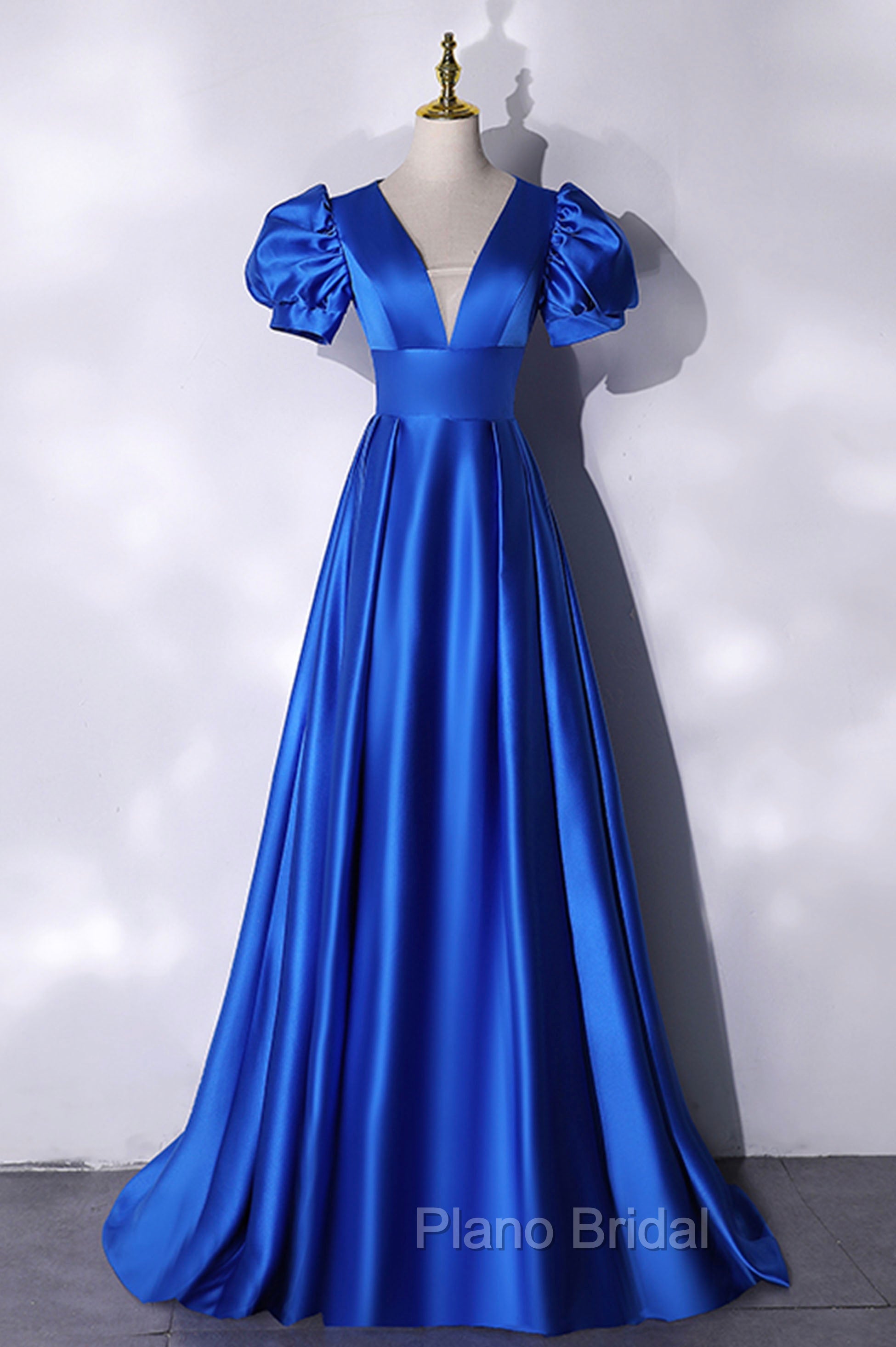 Blue V-Neck Satin Long Formal Prom Dresses, Simple Blue Evening Party Dresses