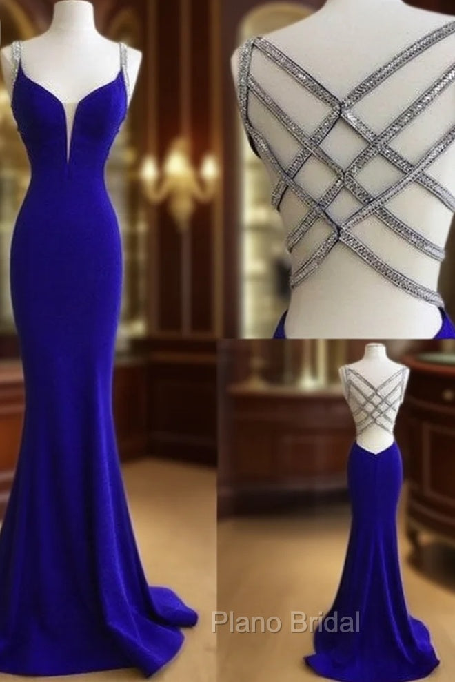 Blue V Neck Sequin Long Formal Prom Dresses, Unique Blue Evening Dresses Main image