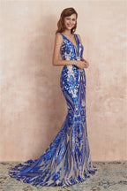 V-Neck Sequins Mermaid Sleeveless Lace-up Prom Dresses