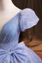 Blue V-Neck Shiny Tulle Long Formal Prom Dresses, A-Line Short Sleeve Formal Dresses