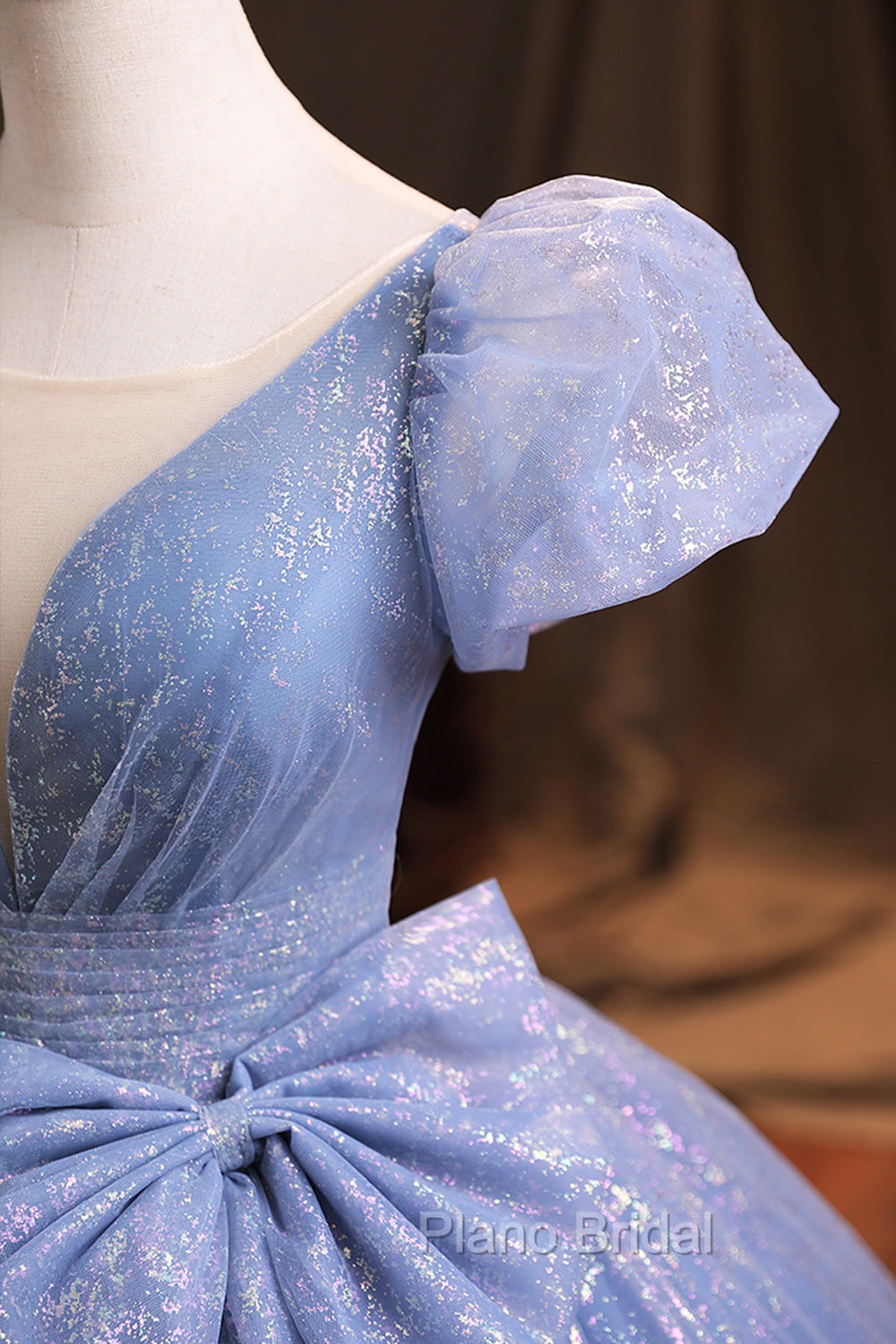 Blue V-Neck Shiny Tulle Long Formal Prom Dresses, A-Line Short Sleeve Formal Dresses