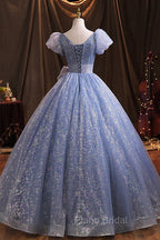 Blue V-Neck Shiny Tulle Long Formal Prom Dresses, A-Line Short Sleeve Formal Dresses