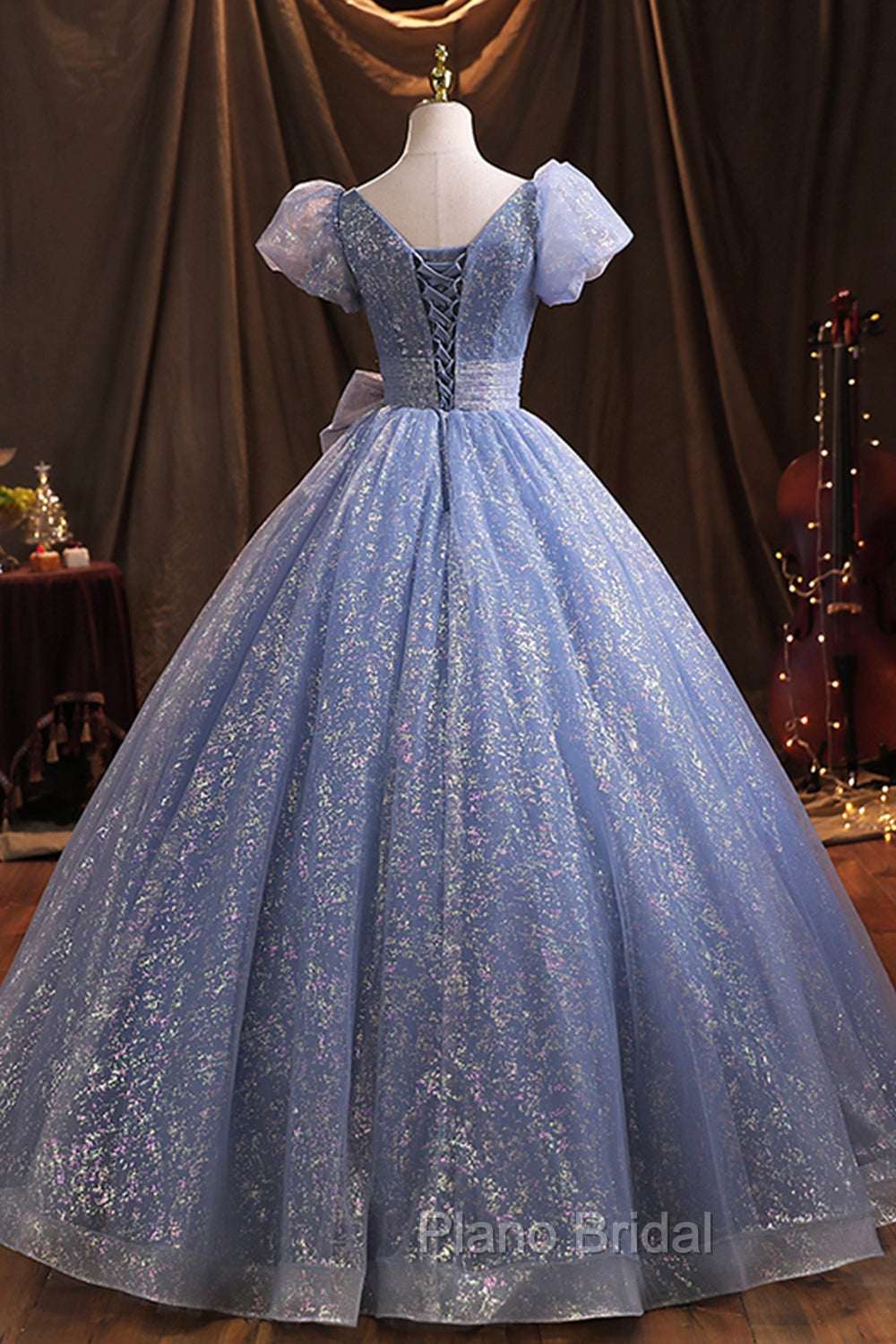 Blue V-Neck Shiny Tulle Long Formal Prom Dresses, A-Line Short Sleeve Formal Dresses