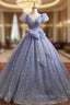 Blue V-Neck Shiny Tulle Long Formal Prom Dresses, A-Line Short Sleeve Formal Dresses