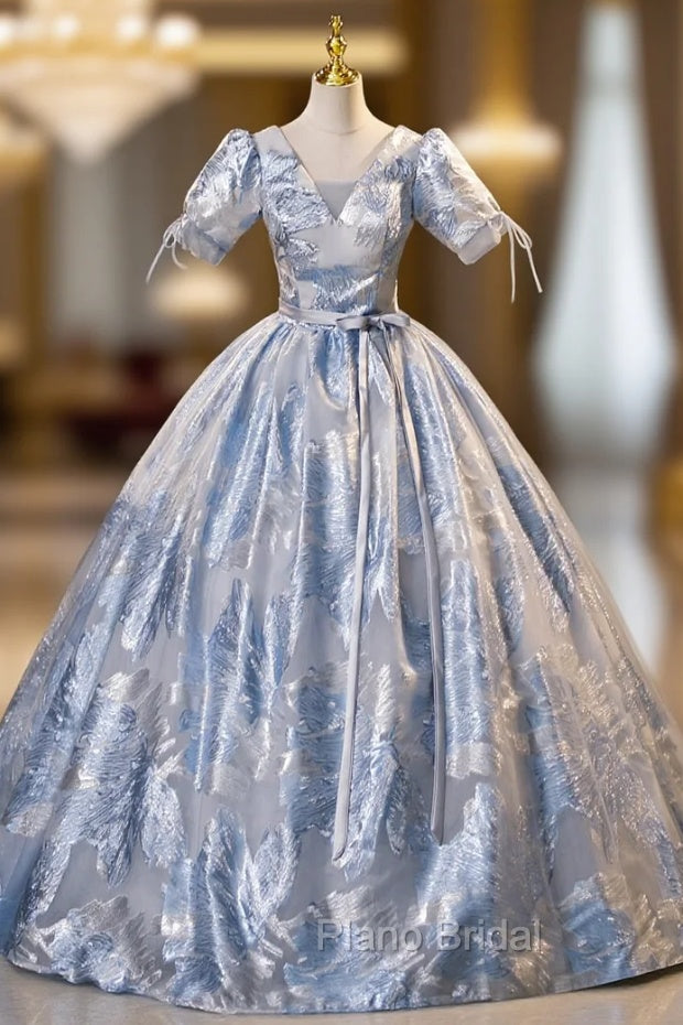 Blue V-neck Short Sleeve Belt Quinceanera Dresses Main image