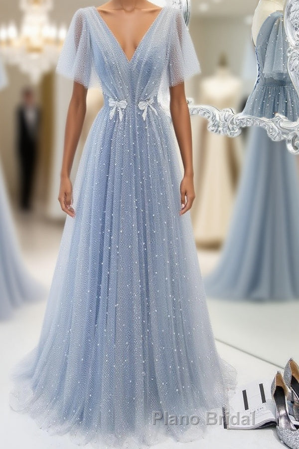 Blue v neck tulle beads long Formal Prom dress, blue tulle formal dress Main image