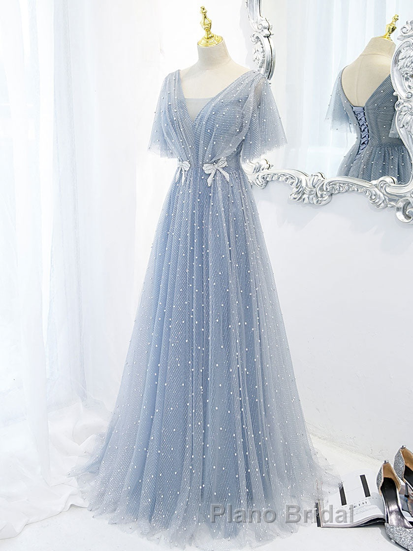 Blue v neck tulle beads long Formal Prom dress, blue tulle formal dress Secondary image