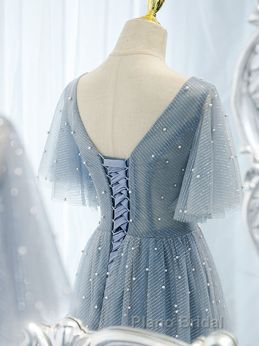 Blue v neck tulle beads long Formal Prom dress, blue tulle formal dress