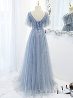 Blue v neck tulle beads long Formal Prom dress, blue tulle formal dress