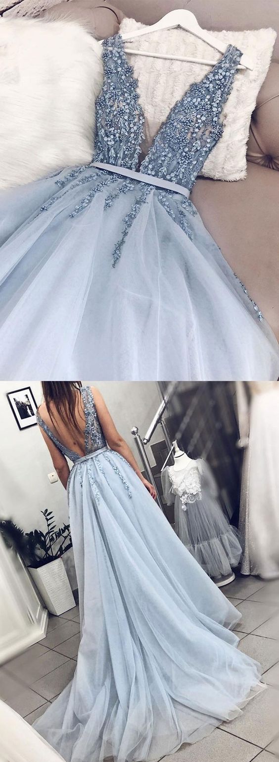 Blue V Neck Tulle Beads Long Formal Prom Dresses, Formal Evening Dresses Secondary image