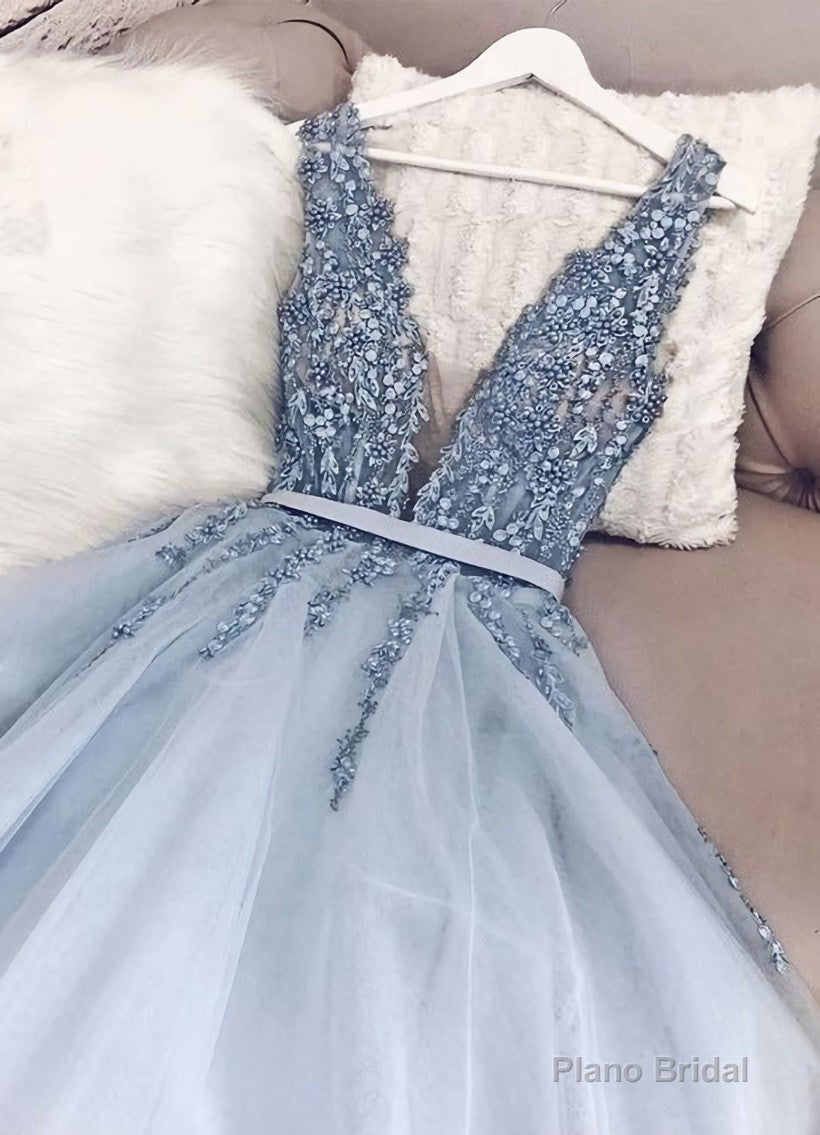 Blue v neck tulle beads long prom dress, evening dress Secondary image